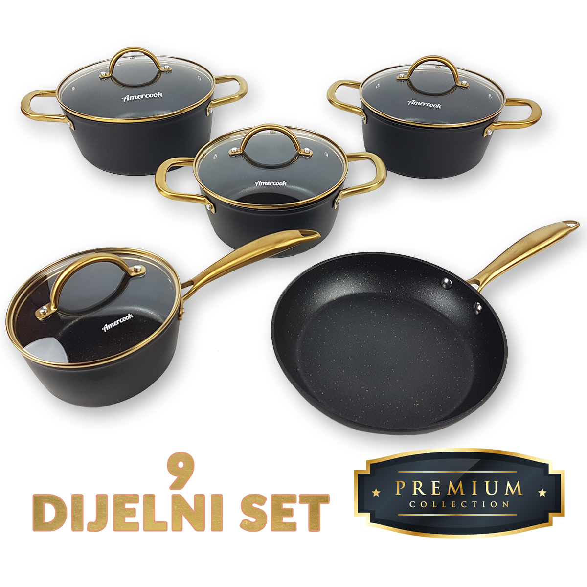 Appolo Brushed Gold set posuđa PREMIUM 9 dijelni Front 1