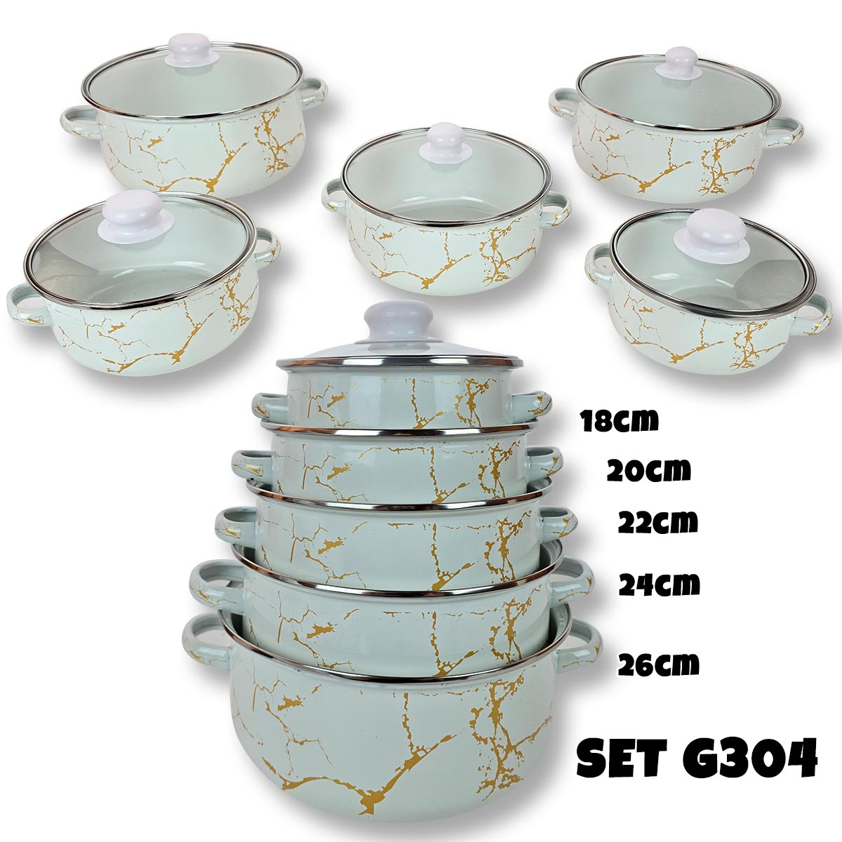 Set emajliranog posuđa - 10 dijelni Bijeli Mramor G304 Front 1