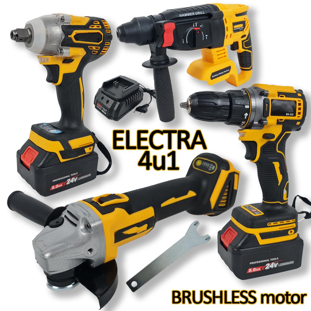 Electra aku set 4u1 Bušilica Udarni odvijač Kutna brusilica SDS štemerica Front 1