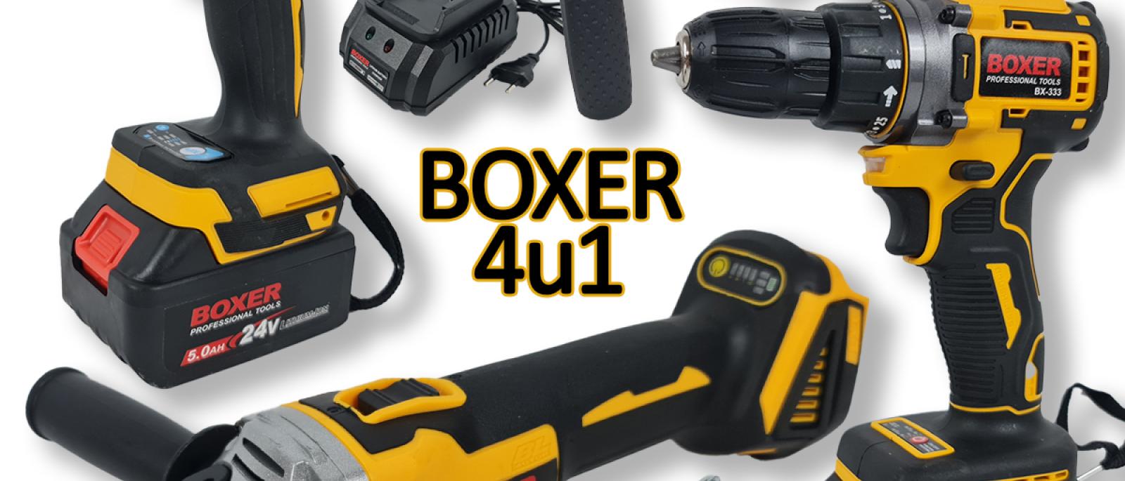 Boxer aku set 4u1 Bušilica Udarni odvijač Kutna brusilica SDS štemerica Front 1