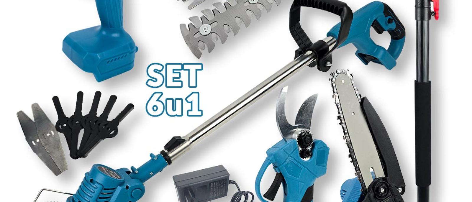 Aku set 6u1 Electra Plus - škare puhač trimer pila štap EL002 Front 1