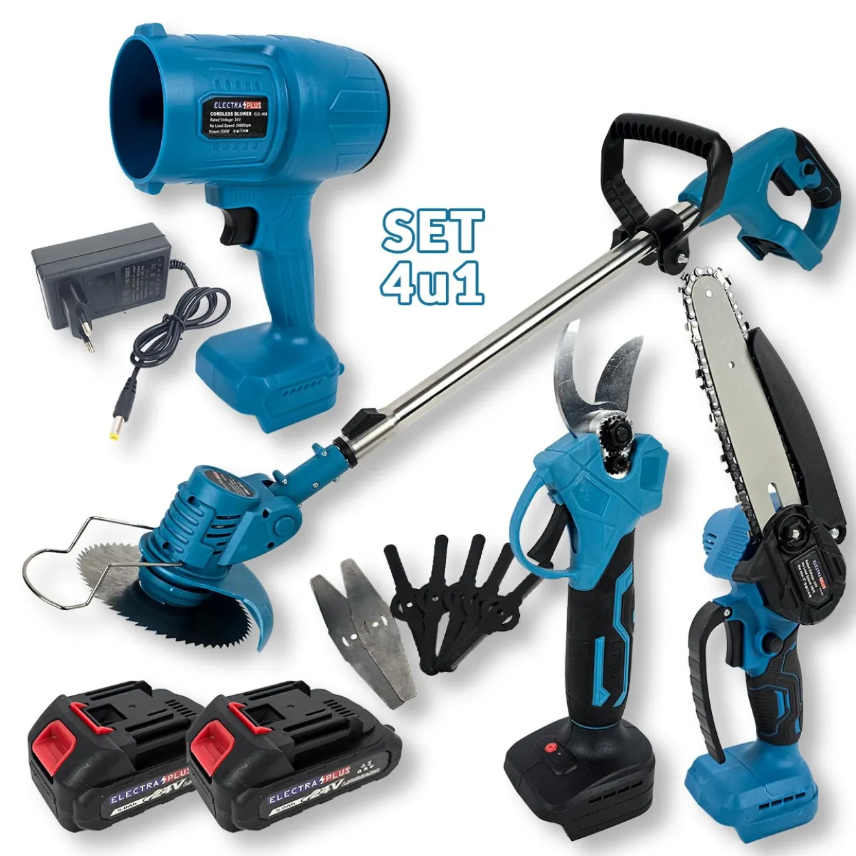 Aku set 4u1 Electra Plus - škare puhač trimer pila EL001